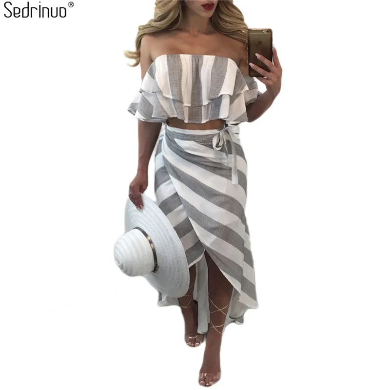 Sedrinuo Cascading Ruffle Striped Off Shoulder Sleeveless Beach Wear Two Piece Summer Dress 2017 Casual Bodycon