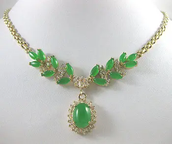

Lady's noblest insert green gem bead necklace pendant 17 inch Fine Plated gold Bridal wide watch wings queen