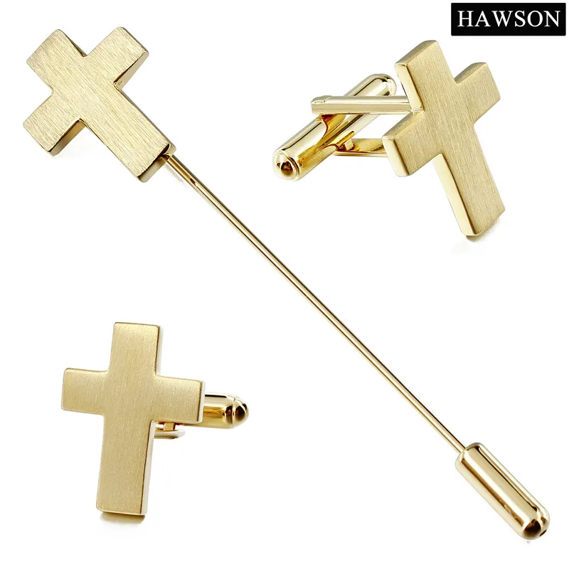 

Elegant Mens Shirt Golden Cross Lapel Pin Cuff Links Set Brushed Lawyer Cufflinks with Box