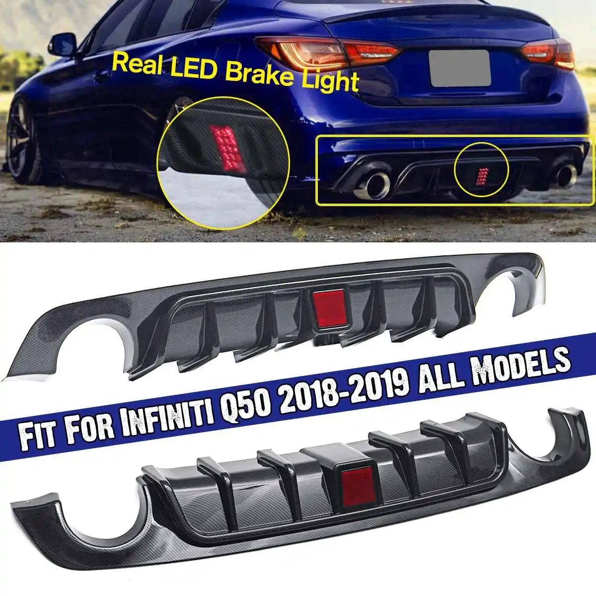 

NEW Carbon Fiber Add on Car Rear Bumper Diffuser lip Spoiler With lamp Fit For Infiniti Q50 2018-2019 All Models