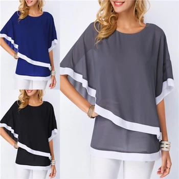 

Plus Size S-5XL Summer Casual Women Chiffon Shirt 2019 Bat Sleeve Stitching Irregular Loose Chiffon Shirt Women Plus Size Blouse