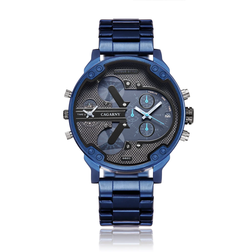 drop shipping cool big case quartz watch for men casual mens wrist watches dual time zones auto date army military Relogio Masculino blue stianless steel band 2019 new design (3)