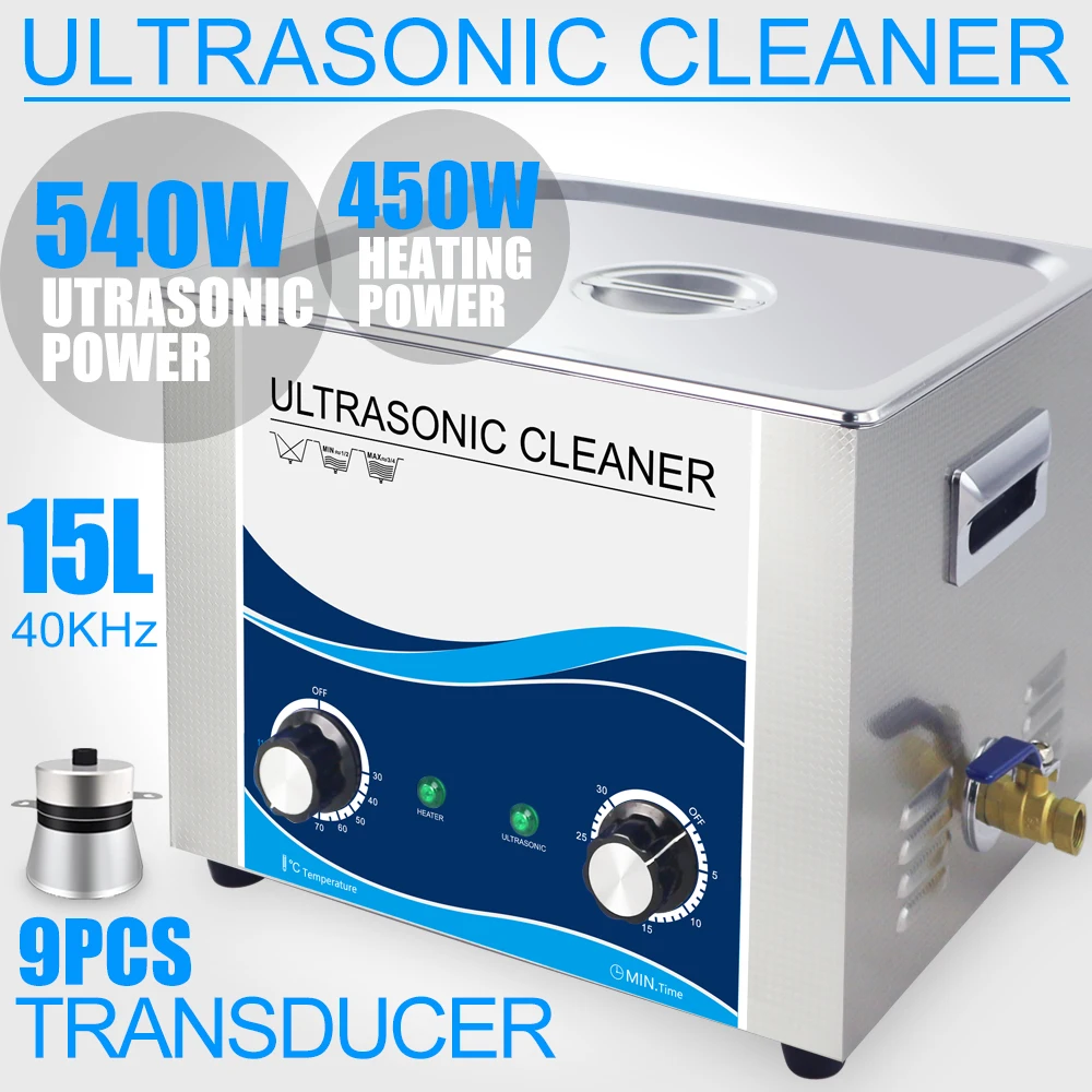 15L Ultrasonic Cleaner 540W Mechanical Heater 40KHZ Stainless Steel