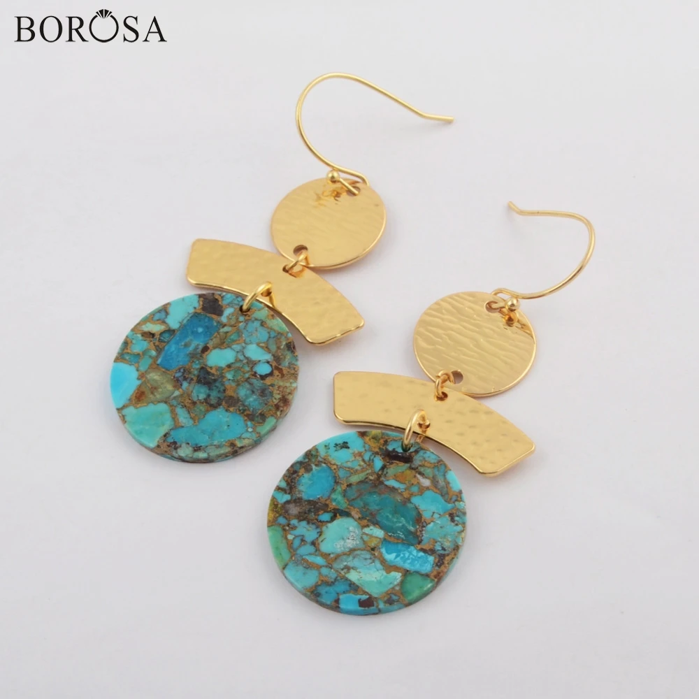 

BOROSA Turquoises Earrings High Quality Round Gold Plating Natural Turquoises Dangle Earrings Women Gifts Dropshipping G1798