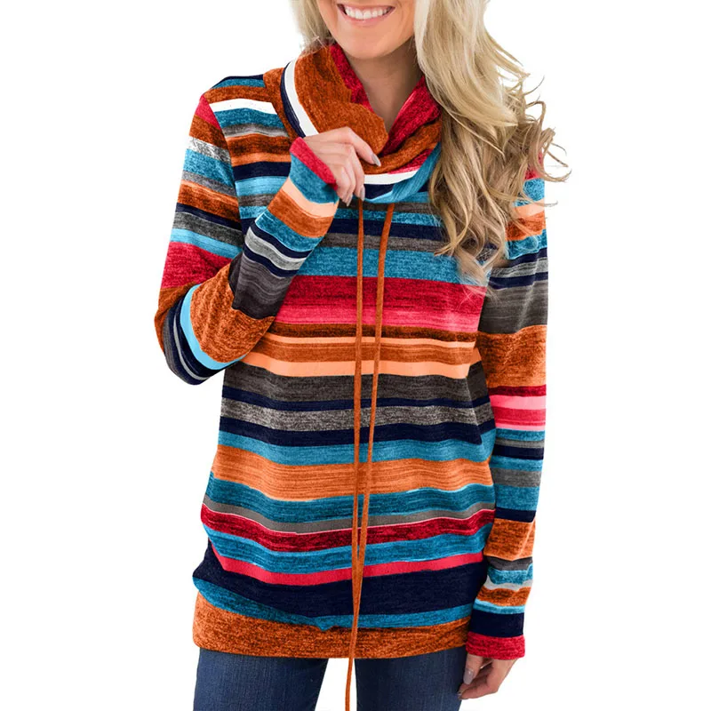 Turtleneck Sweater Women Autumn Winter Long Sleeve Striped Multicolor Casual Pullover Lace Up Knitted Tunic | Женская одежда