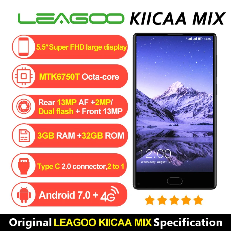 Leagoo kiicaa Mix 5.5 "полный Экран Android7.0 MTK6750T восьмиядерный смартфон 3 ГБ Оперативная память 32 ГБ двойной назад камеры Спереди отпечатков пальцев телефон