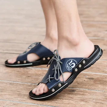 

New Summer Shoes Men Leather Sandals Flat Slippers Beach Sandals Mens Summer Holiday Shoes Male Black White Blue A1298
