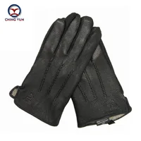 Winter man deer skin leather gloves male warm soft men's Arm sleeve black men mittens imitate rabbit fur 70% wool lining-01