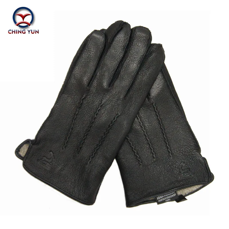 Billig Winter mann deer haut lederhandschuhe männlichen warme weiche männer armmanschette schwarz männer fäustlinge imitate kaninchenfell 70% wolle lining 01