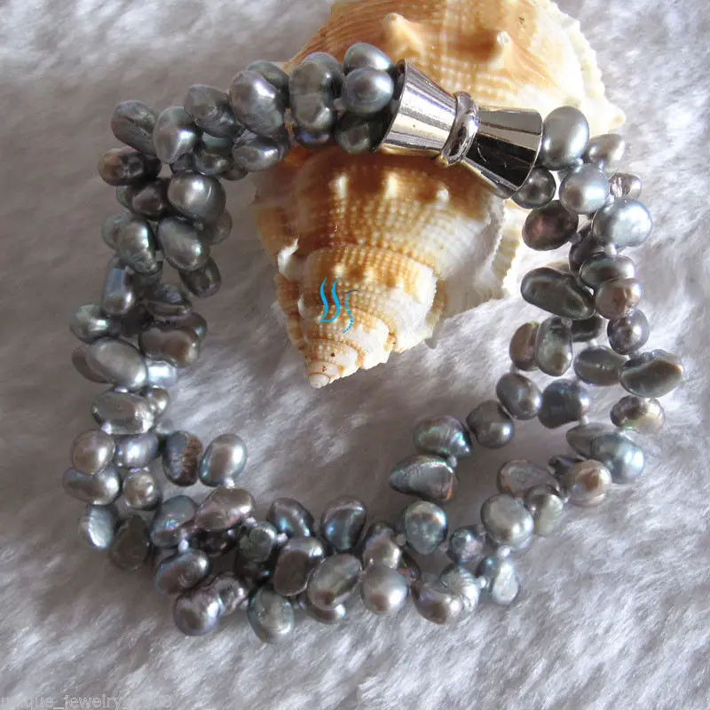 8&quot 6-7mm Dark Gray Baroque 3Row Freshwater Pearl Bracelet AA1013 | Украшения и аксессуары