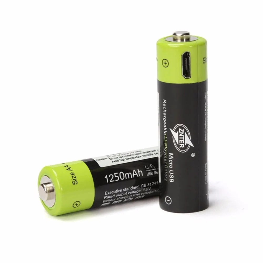 ZNTER 2 шт Универсальный AA 1,5 V 1250mAh USB перезаряжаемый литий-полимерный аккумулятор, заряжаемый кабелем Micro USB