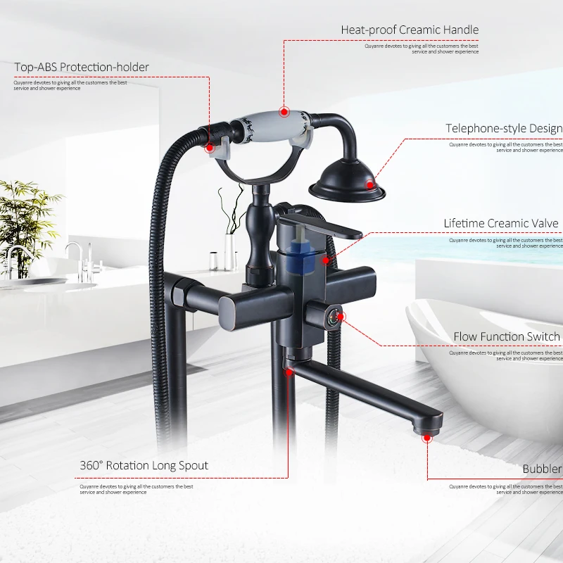 Quyanre черный матовый пол ванной комнаты стоячий кран Creamic ручной душ вращение Длинный Носик Одной ручкой смеситель для ванны душ