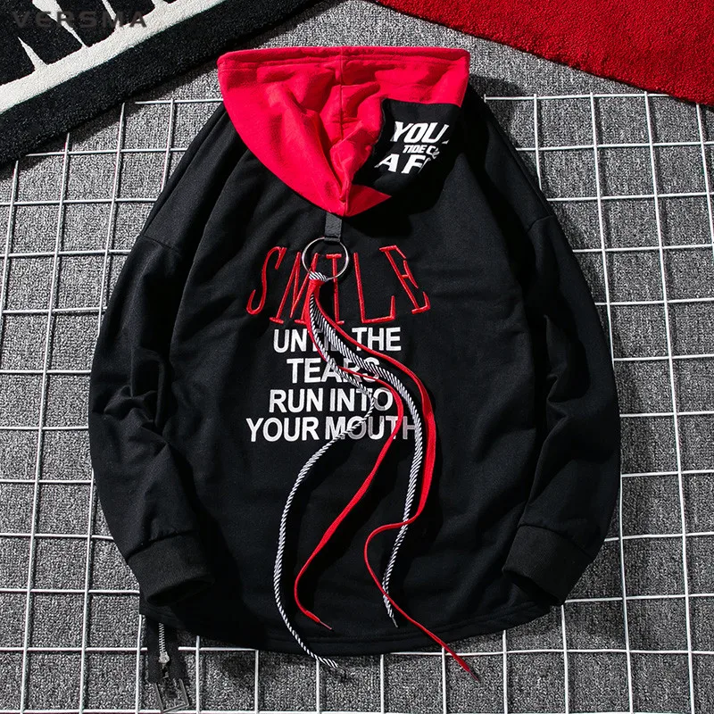 

VERSMA 2018 Korean Harajuku Ribbon Patchwork Hoodie Sweatshirt Men Women Hip Hop Streetwear Hooded Printed Oversized Hoodies Men
