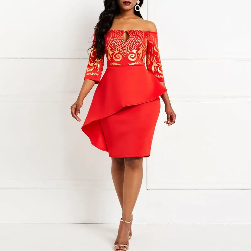 الترتر النساء Bodycon اللباس القطع الرقبة الأفريقي أنيقة الإناث رداء OL الأحمر حزب ليلة فساتين 2019 الصيف ضيق سيدة ميدي اللباس
