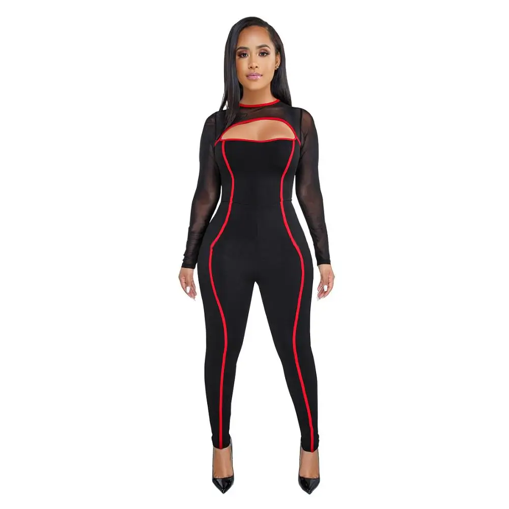 Club Outfit black Женский прозрачный сетчатый комбинезон лоскутный обтягивающий детский комбинизон Сексуальная Клубная одежда наряд Облегающий комбинезон спортивный костюм - Цвет: Club Outfit black