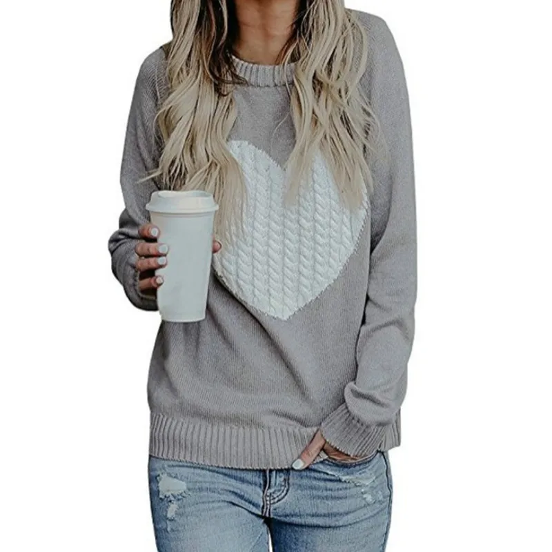 Autumn Women Sweater Heart Printed Sweaters Long Sleeve Casual Pullover Winter Warm Top Apricot Knitted Sweater Female Plus Size