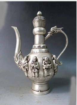 

decoration Tibet copper silver 9" China silver carved dragon Eight Immortals wine pot stoup Sculpture Statue