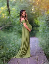 Maternity Jersey Dress For Photo Shooting Slash Neck Maternity Photography Props Gown Short Sleeve Stretchy Dresses Open Front