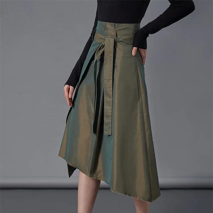 

Johnature Irregular High Waist Office Lady Skirts Womens High Street Solid Color Asymmetrical Sashes Mid-calf Summer New Skirts