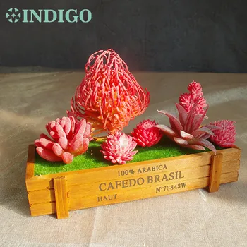 

INDIGO- 6 Sytles Artificial Succulent Plant With Wood Tray Flower Bonsai Table Decoration Plastic Plant Free Shipping