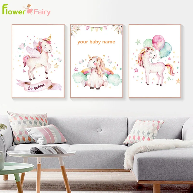 

Custom Your Baby Name Girl Unicorn Room Decor Nordic Poster Wall Art Canvas Painting Kawaii Pictures For Living Room Unframed