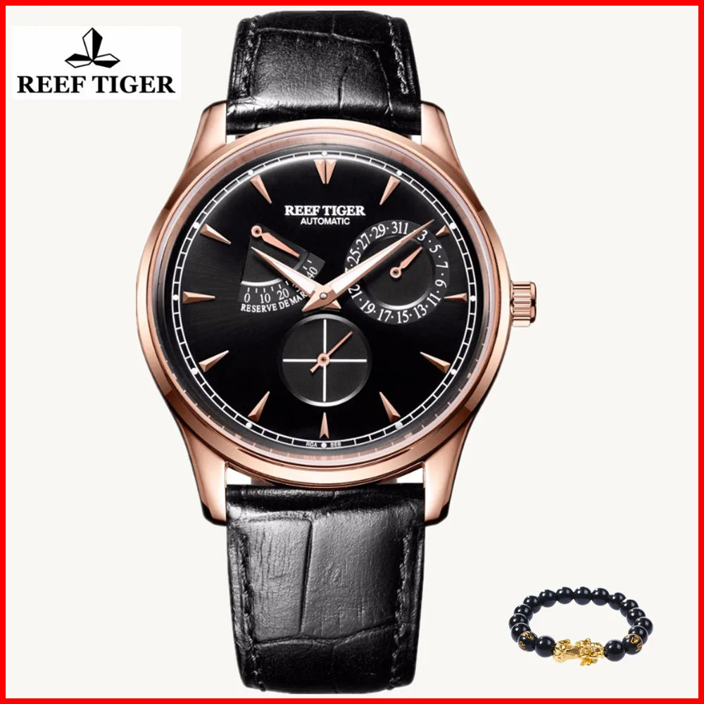 

Reef Tiger Brand Elegant Watch Relojes Hombre Men Complete Calendar Automatic 50M Waterproof Leather Watches Relogio Masculino