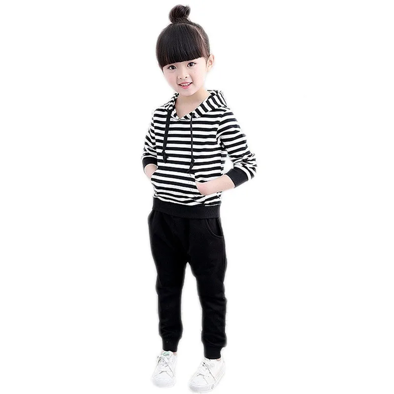 

Hooded Striped Children Set for Girl Teens Girls Sports Suit Spring Autumn Long Sleeve+Pant 2Pcs Sets 3-12 Year Kids Clothes A36