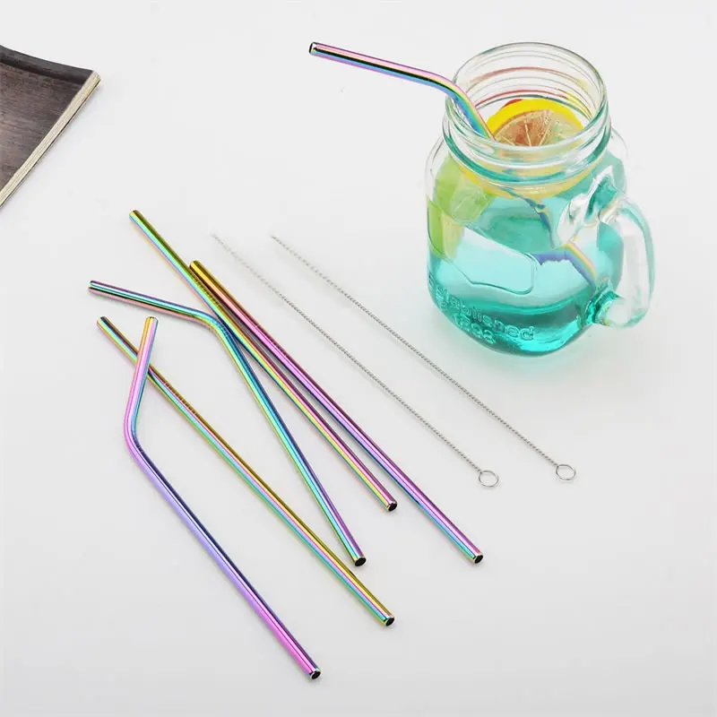 Reusable 6mm Rainbow Metal Straw For 20oz Cups Stainless Steel Drinking Straw with Cleaner Brush
