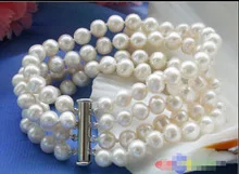 

4row 7-8mm WHITE ROUND FRESHWATER PEARL BRACELET MAGNET 7.5-8" Wedding Girl MEN Quartz jewelry 2pcs Silver hook