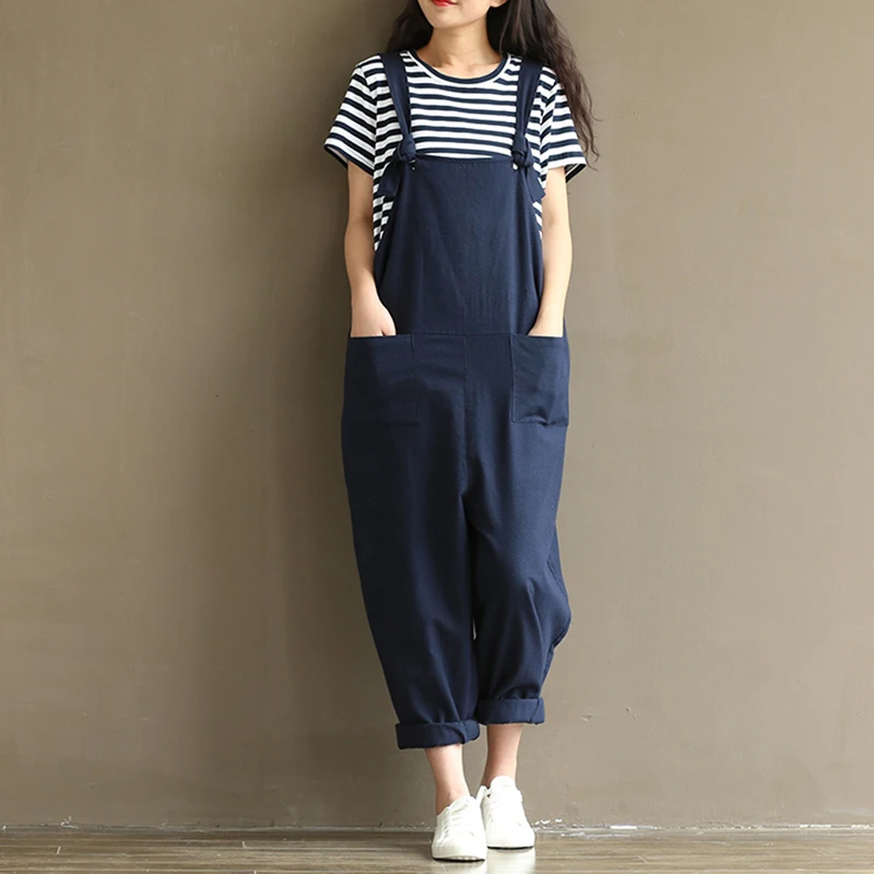 2018 Summer Rompers Womens Jumpsuit 5XL 4XL 3XL Plus Size Overalls Cotton Linen Long Pants Dungarees Black Casual Loose Trousers