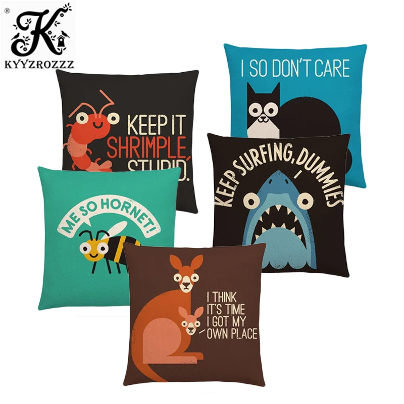 

Funny Cartoon Animals Dinosaur Kangaroo Bee Dachshund Shark Interesting Words Decorative Letters Cushion Cover Sofa Pillow Case