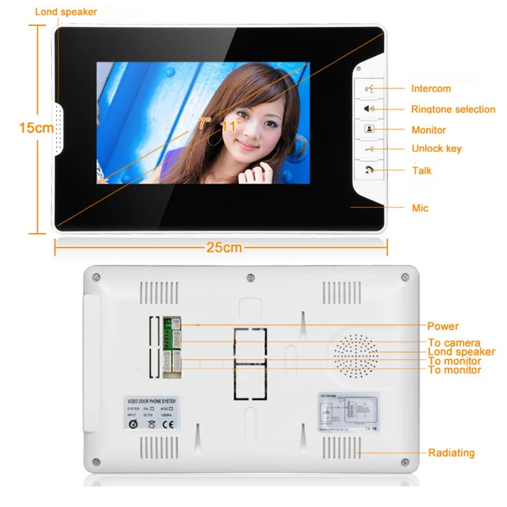 Free Fast Shipping 7'' Wired Video Door Phone Access Control Doorbell Intercom System Kit set 2 monitors+1 camera with 2 buttons
