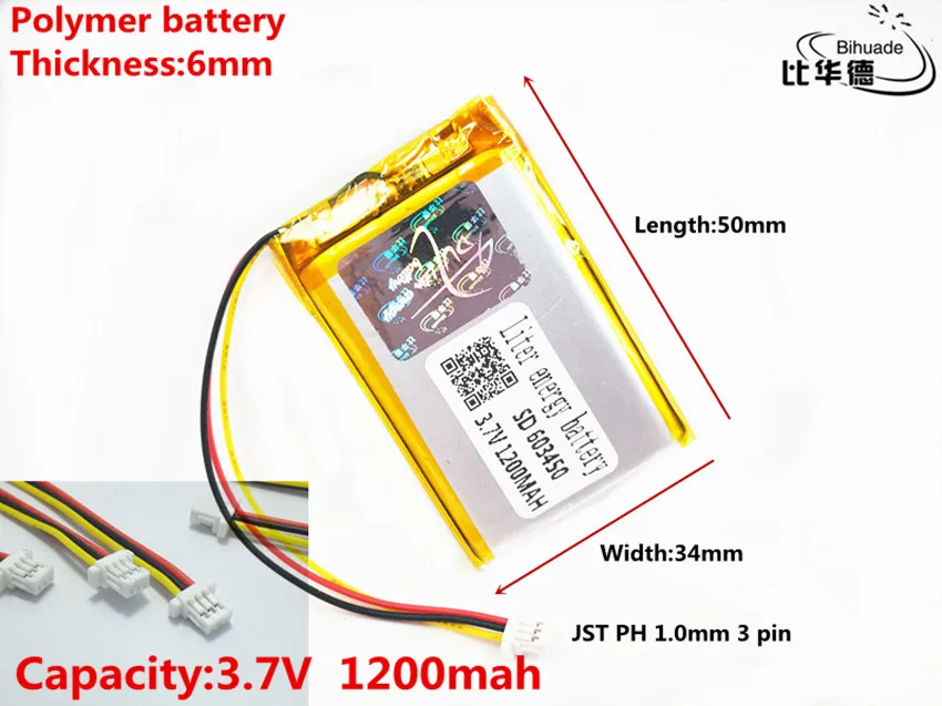 JST PH 1,0 мм 3 контакта хорошего качества 3,7 V, 1200mAH 603450 полимерный литий-ионный/литий-ионный аккумулятор для планшетных ПК банк, gps, mp3, mp4