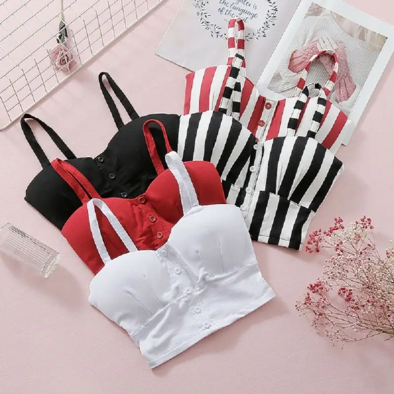 

New Women Pure Solid Striped Sling Top Summer Sexy Ladies Casual V-neck Padded Crop Tank Tops Button Vest