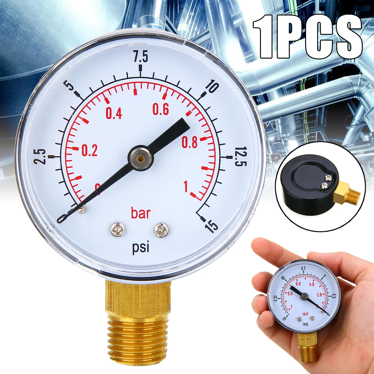 Medidor de presión de 50 mm Dial 0/15 Psi & 0/1 Bar 1/4 Bspt inferior y/o Manguera Tails 