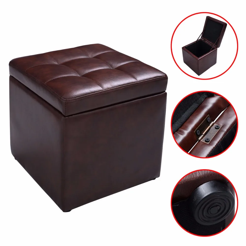 cheap Cube Ottoman Pouffe Storage Box Lounge Seat Footstools with Hinge Top Brown HW47908BN