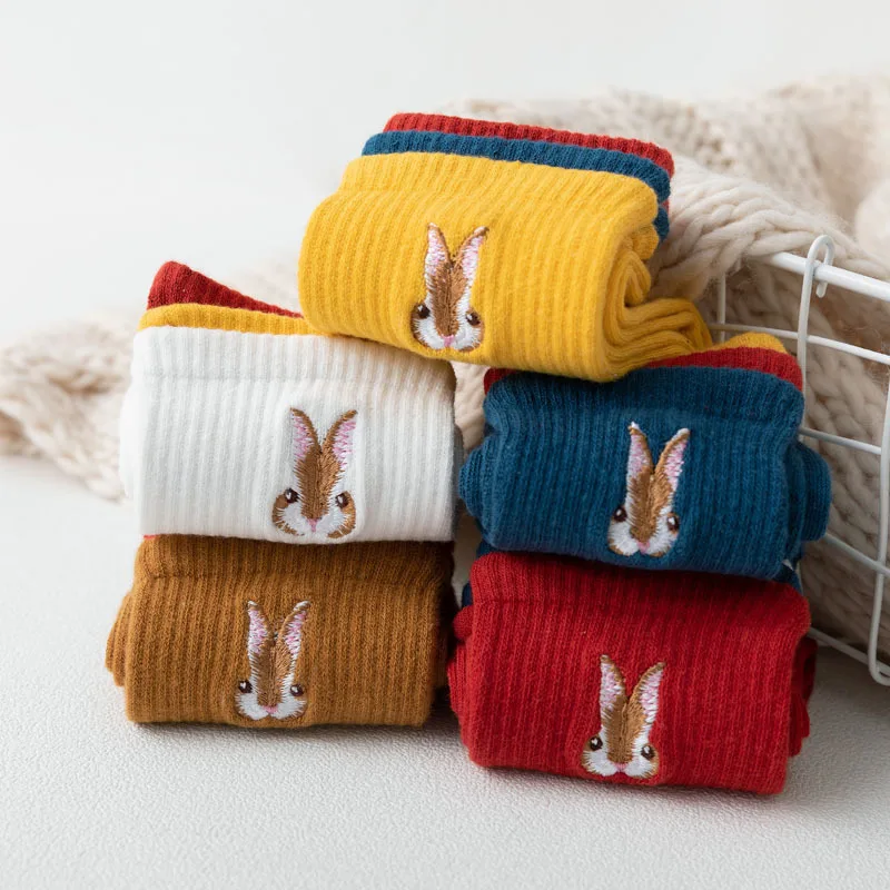 

New Lovely Embroidery Bunny Head Cotton Women Socks Fashion Color Patchwork Autumn Winter Socks Cute Rabbit Candy Color Socks
