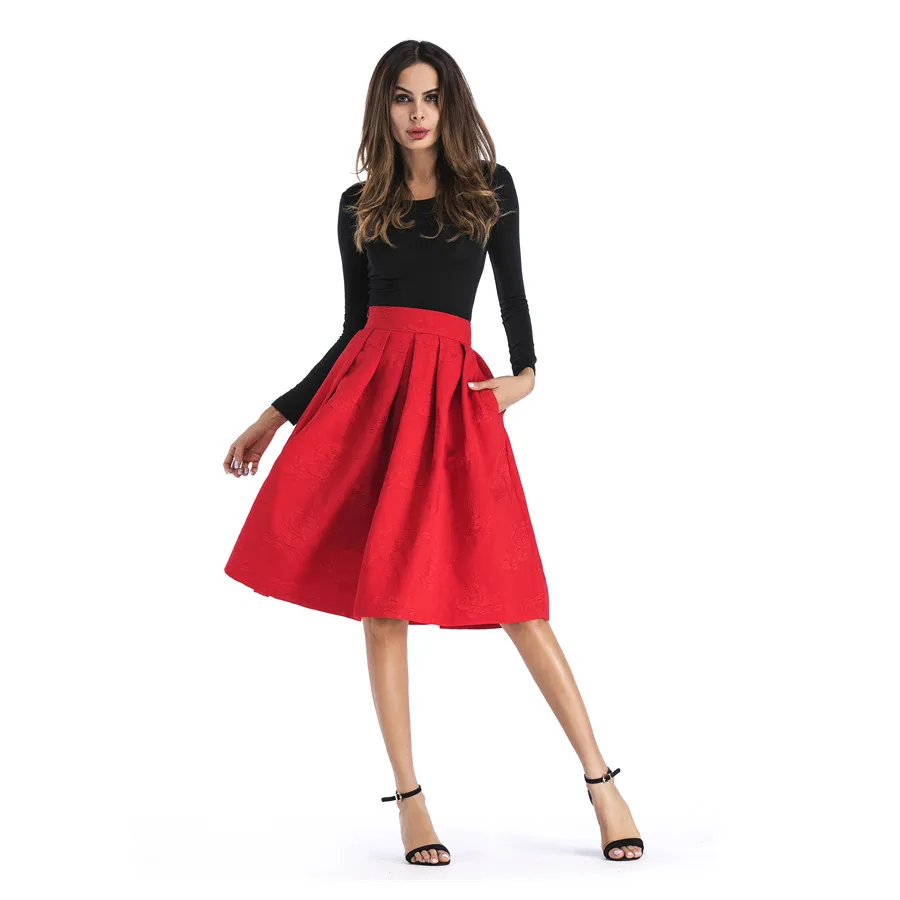 red midi skater skirt
