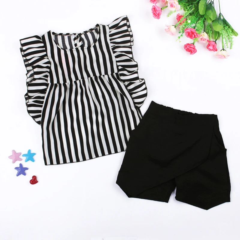 2023 2Pcs Children Tracksuit Children Clothing Set Girls Summer Clothes Sets Girls Kids Clothes Vest T-shirt+Shorts Striped