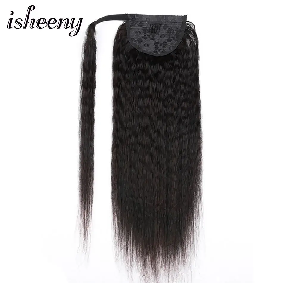 

Isheeny 18" 140g Kinky Straight Brazilian Remy Human Hair Drawstring Clip in Ponytail Hair Extensions Natural Black Ponytail New