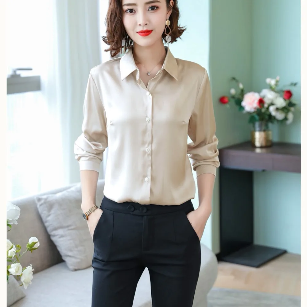  Stinlicher 2019 New Women Office work shirts female OL elegant high quality silk satin long sleeve 