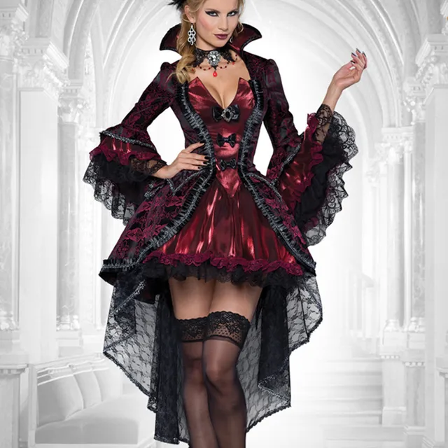 Luxury Vampire Cosplay Halloween Dress Women Black Lolita Style Lace