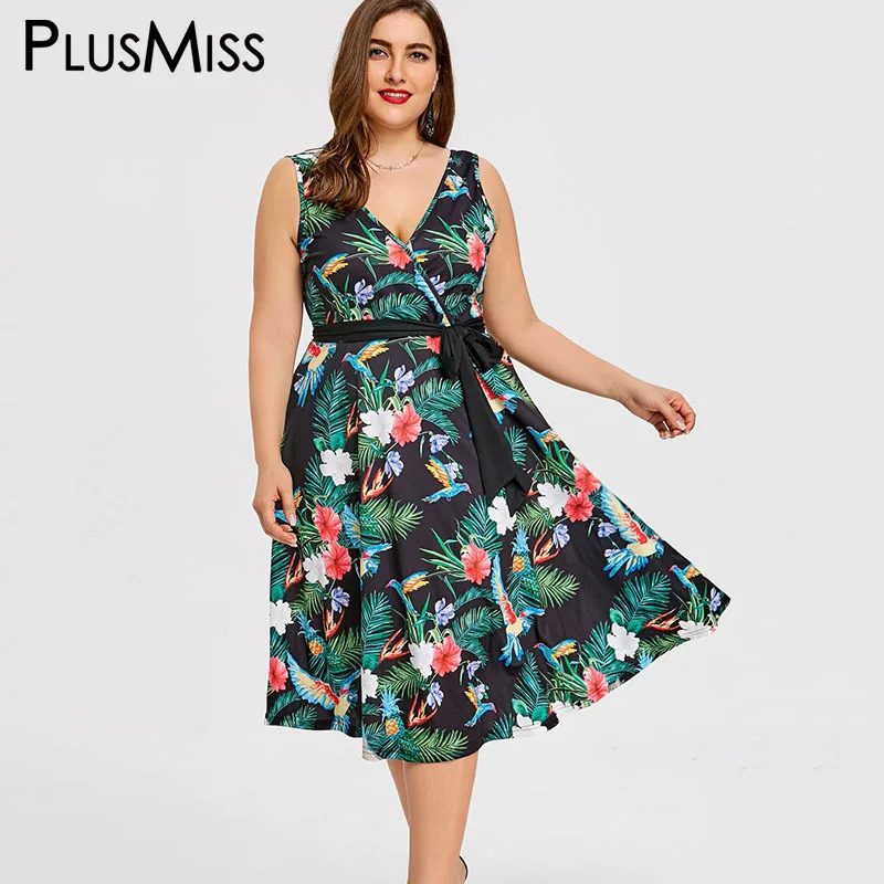 PlusMiss Plus Size 5XL Summer 2018 Hawaiian Leaf Printed Midi Dress