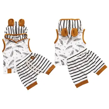 

0-24M 2pcs Set Toddler Baby Boy Girl Feather Hooded T-shirt Tops+Stripe Shorts Pants Outfits Summer Clothes Baby Boy Girl Vest
