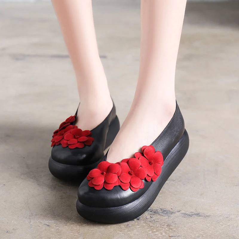 

VALLU 2018 New Handmade Flower Flats For Women Genuine Leather Lady Platform Flat Shoes Round Toes Comfortable Female Loafers