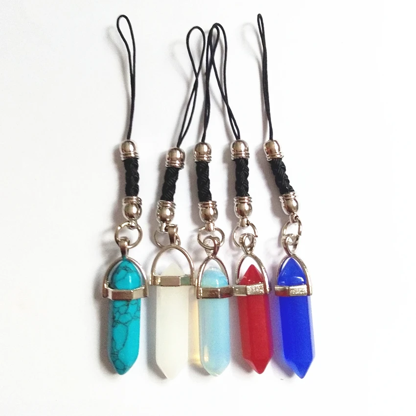 1 piece Six Prism Series Mini Keychain Fashion Natural Stone Pendant Small Key Chain photo