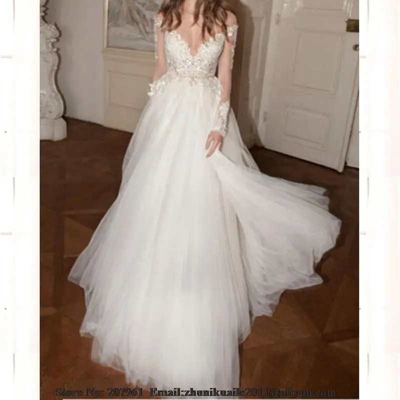 Casamento Long sleeve Tulle with Lace Appliques A-line Wedding Dresses 2016Vestidos de noiva Robe mariage princesse sash | Свадьбы и