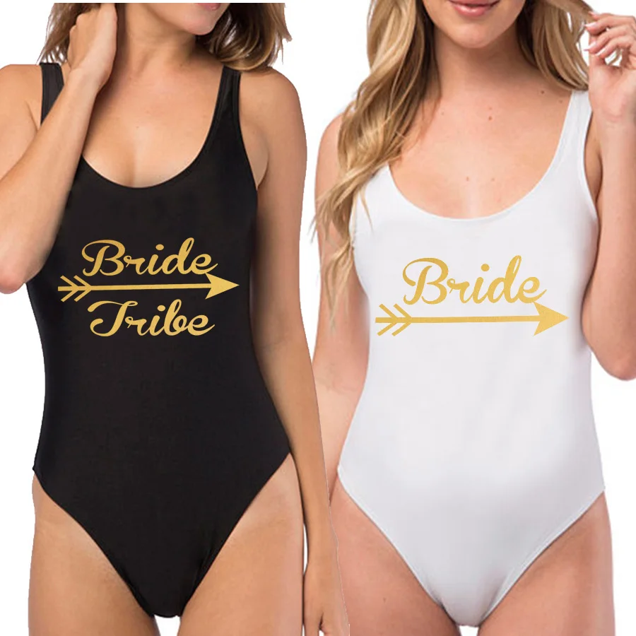 

Golden Print BRIDE&BRIDE TRIBE Bridesmaid Swimwear Women One Piece Swimsuit Maillots de bain femmes Bodysuit Monokini