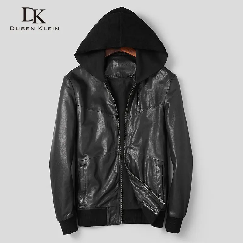 

Men Genuine Leather Jacket Sheepskin Hooded Jackets Casual Short Black Pockets 2019 Autumn New Jacket Washed Leather S1017