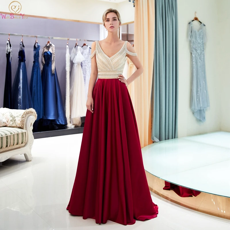 

Wine Red Evening Dress Zipper Satin Reflective A Line Elegant Floor Length Sweep Train Navy Blue Beading Sequined Formal Gown